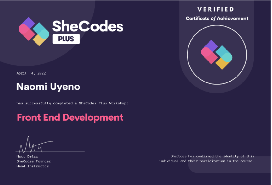 SheCodes Plus Certificate