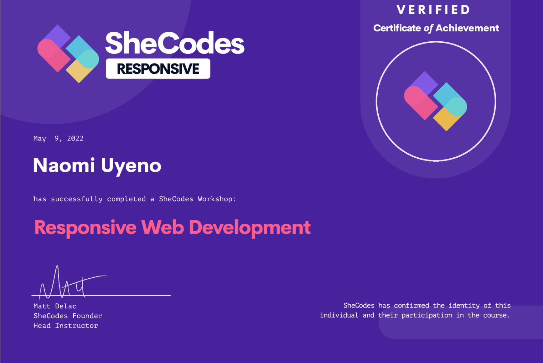 SheCodes Responsive Certificate